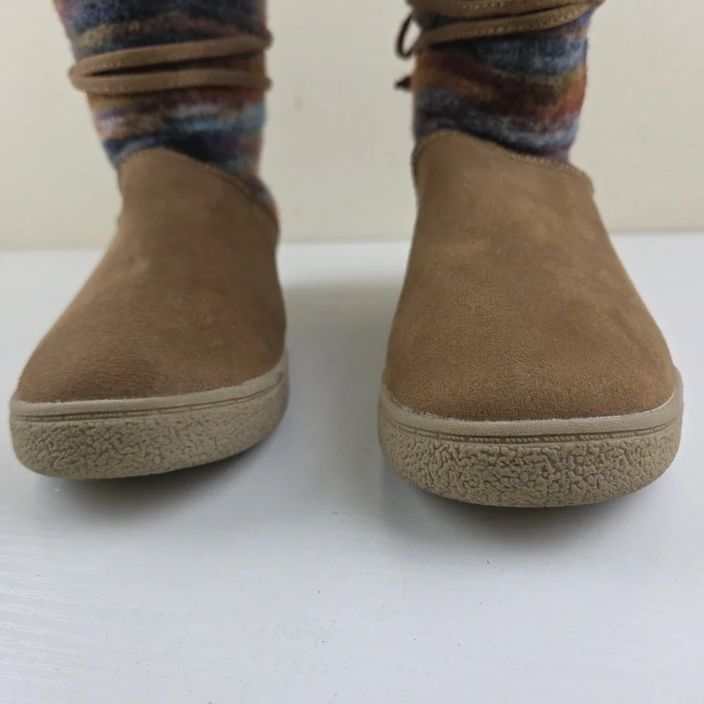 Airwalk Venus Mid Calf Boots Womens‎ Sz 7.5 Cognac Brown Multicolor Sherpa Lined